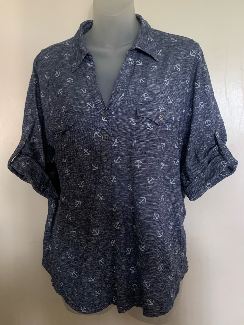 Cathy Daniels Short Sleeve Blue/White Anchors Pullover Shirt Top Blouse XL
